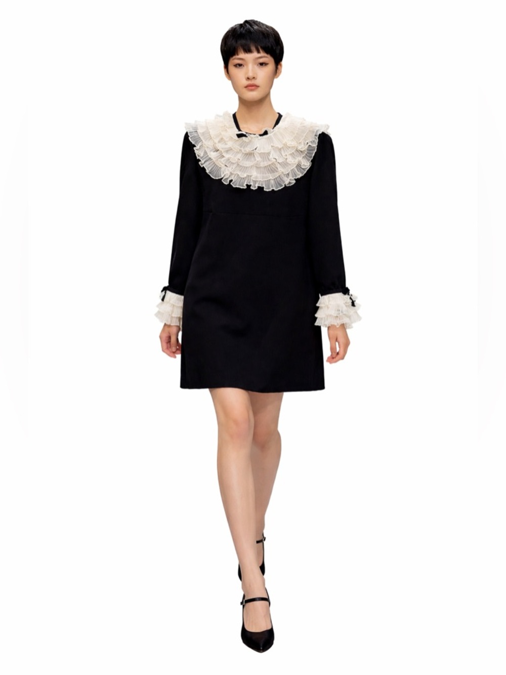 Miu Miu Black Mini Dress with White Chiffon Ruffled Collar and Cuffs